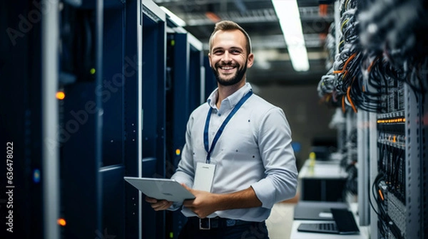 Fototapeta Portrait of IT Specialist in Data Center.