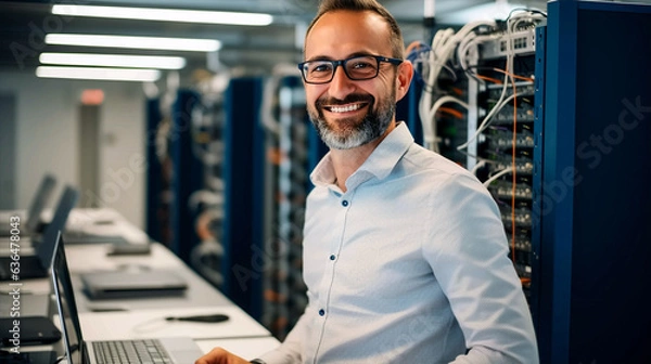 Obraz Server engineer, Caucasian IT professional admin using laptop computer doing data transfer operation with rack server cabinets in digital room of data center. Cyber security.