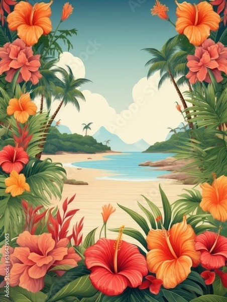 Fototapeta Hawaii Luau Personalize, Fill in the Blank, design Template Illustration and backgrounds for party and celebration printed invitations, posters, flyers, tropical, leaves, flowers, paradise, vacation