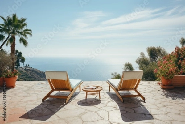 Fototapeta Mediterranean Bliss: Two inviting deck chairs placed on a serene terrace overlooking a sparkling pool and offering a breathtaking panoramic view of the azure sea. Generative AI