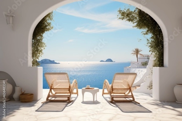 Fototapeta A picturesque setting where two deck chairs beckon, nestled on a charming terrace surrounded by traditional white Mediterranean architecture adorned with graceful arches. Generative AI