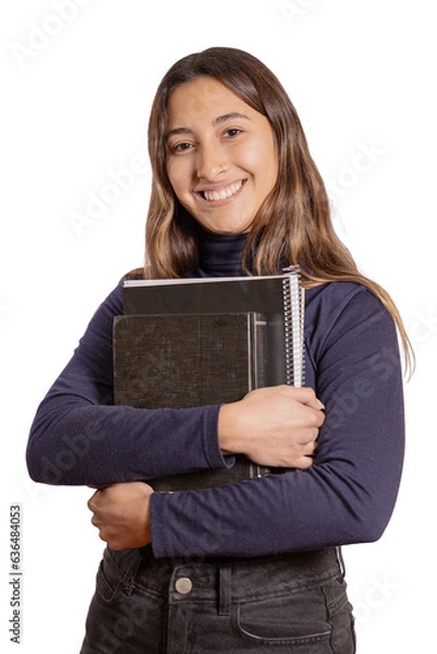 Obraz Smiling latin girl with books isolated on white background.