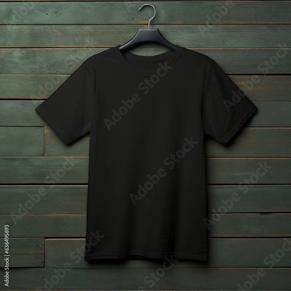 Obraz black t-shirt mock-up , on a hanger , flat lay , wood background , blank t-shirt template