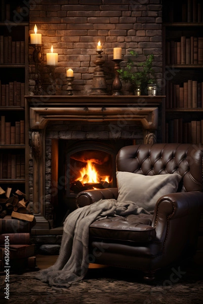 Obraz fireplace with christmas decorations