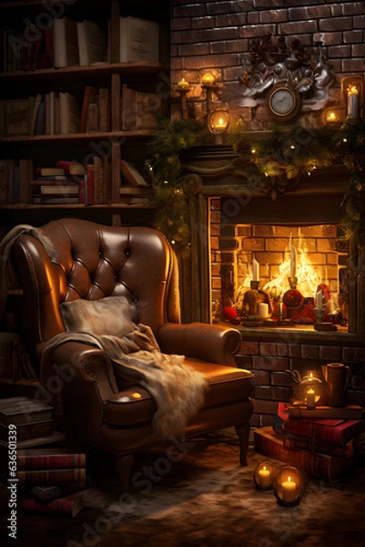 Obraz fireplace with christmas decorations