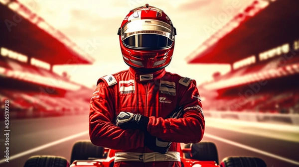 Fototapeta Close up of racing driver against race track with red lights