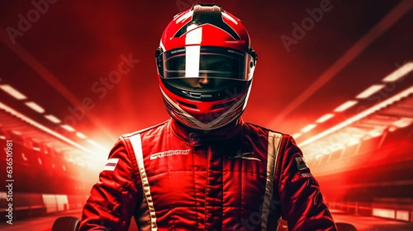 Fototapeta Close up of racing driver against race track with red lights