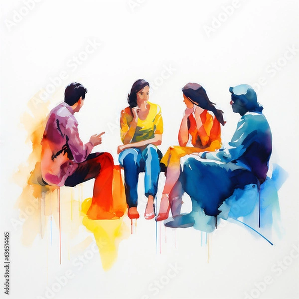 Fototapeta Watercolor Painting of a Group Therapy Session, Mental Health Concepts, Generative AI