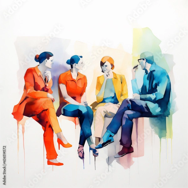 Fototapeta Watercolor Painting of a Group Therapy Session, Mental Health Concepts, Generative AI