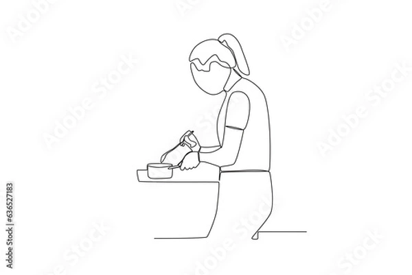 Fototapeta Single continuous line drawing of Woman Stirring Cooked Food. Healthy food concept one line drawing design vector minimalism illustration.
