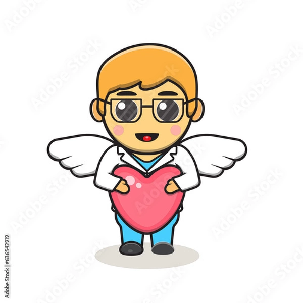 Obraz Cute Doctor Cartoon Vector Icon Illustration with wings and heart icon. Premium Vector People Medical Icon Concept Isolated. Flat Cartoon Style