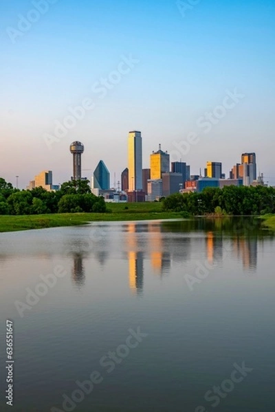 Fototapeta Springtime Serenity: 4K Image of Dallas, Texas, Viewed from the Tranquil Trinity River
