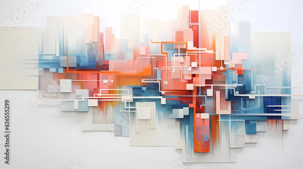 Fototapeta In a gallery space, abstract pixelated imagery evolves into a three-dimensional masterpiece
