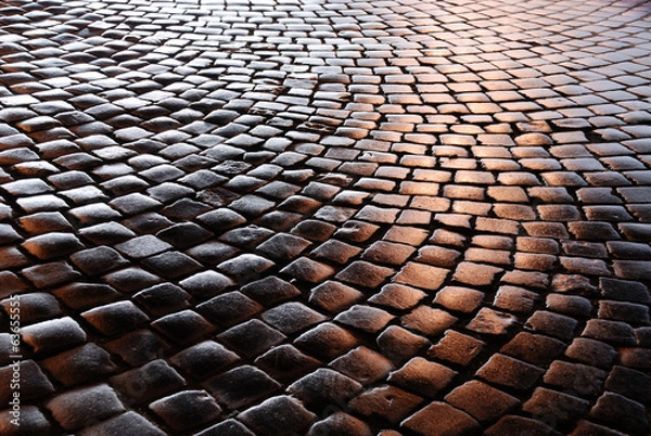 Fototapeta Belgian block pavement of the night city