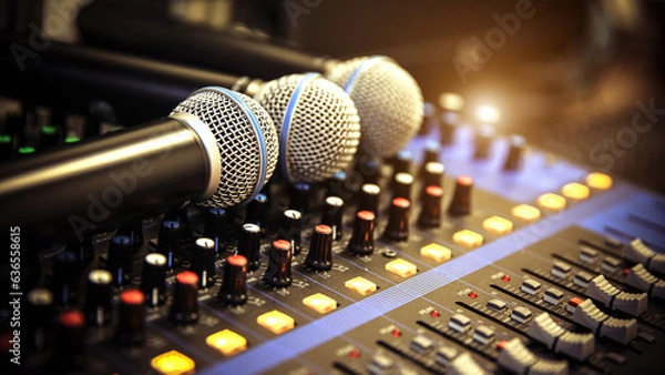 Fototapeta Close-up microphone and sound mixer in studio for sound record control system and audio equipment and music instrument