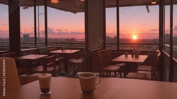 Obraz Lofi Coffee shop Scene with sunset