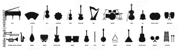 Fototapeta Set of silhouettes of musical instruments. Guitar, piano, violin, drums, etc. Vector illustration