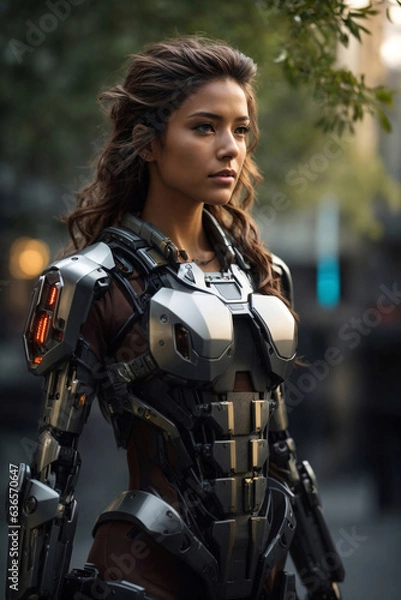 Fototapeta robotic, futuristic, female, rapid response, tactical guard, slim body, cyborg, sci-fi, technology, security, android, artificial intelligence, cyberpunk, weapon, armor, helmet, suit, metal, action, g