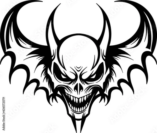 Fototapeta A Scary devil head with wings in a vintage style
