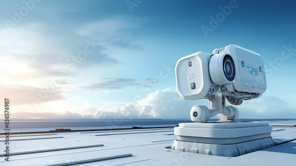 Obraz monitoring service and maintenance concept, robot camera, arm cleaning panel rooftop system under daylight by generative AI.