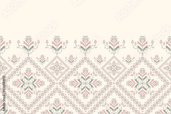Fototapeta Colorful embroidery floral pattern. Vector geometric floral square shape seamless pattern pixel art style. Geometric floral stitch pattern use for textile, wallpaper, cushion, carpet, upholstery, etc.