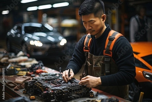 Fototapeta Japanese car mechanic enjoying his job as he fixes cars