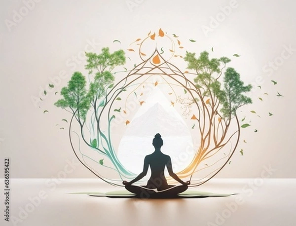 Fototapeta international yoga day concept : girl meditating with tree and with different color lines
