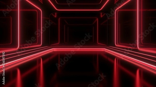 Fototapeta 3D Render of a Room with Glowing Dark Red Neon Lines. Abstract Background