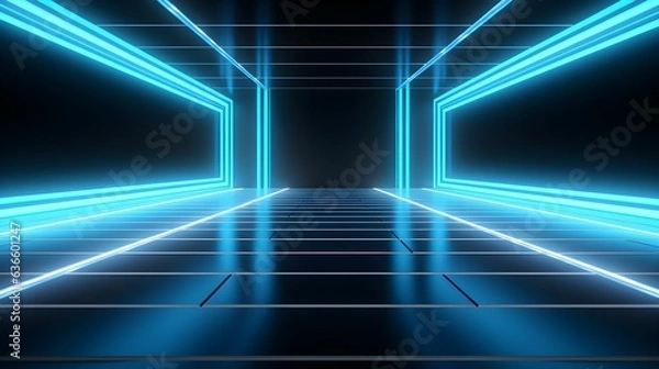 Obraz 3D Render of a Room with Glowing Light Blue Neon Lines. Abstract Background