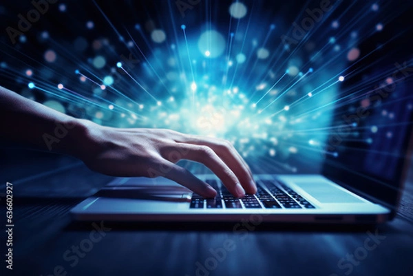 Fototapeta Generative AI. business people working on laptop computer with global media link connecting on desk, cloud computing, cyber security, business finance, internet network technology concept