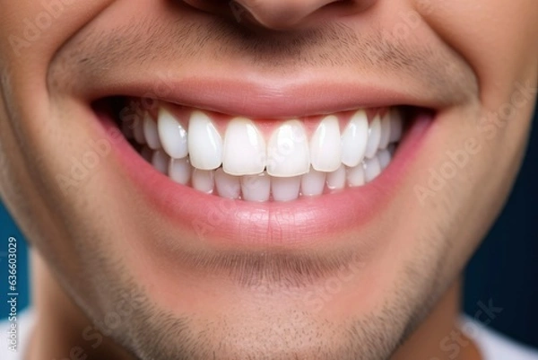 Obraz Man smile showing teeth close up. Handsome man pointing at him healthy white teeth and widely smiling. Man dental health poster concept