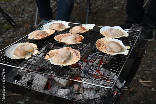 Obraz キャンプ場でハマグリの網焼き