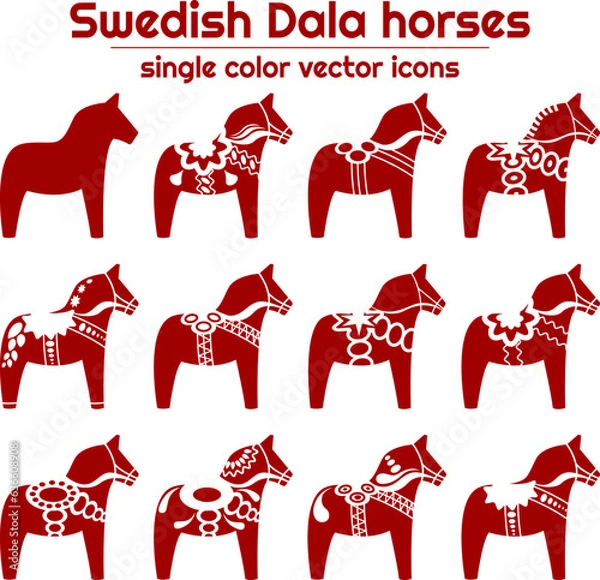 Fototapeta Swedish Dala horses as single colored vector icons