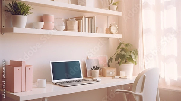 Obraz Minimalist white workspace pink pastel color plants sunlight window