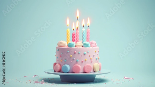 Fototapeta happy birthday cake minimalistic pastel colors candles macarons