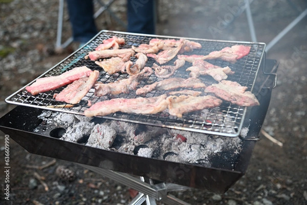 Obraz キャンプ場で牛カルビの網焼き