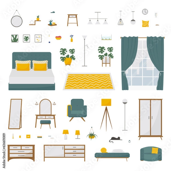 Fototapeta Bedroom vector illustration set. Design modern trendy isolated items for cozy home in flat style.