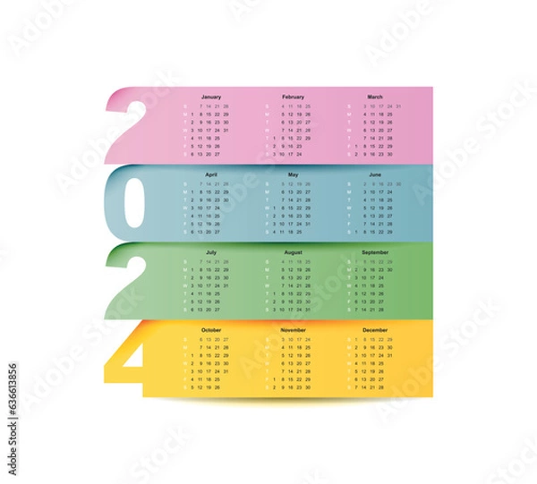 Fototapeta Calendar for 2024 with week starting on Sunday. Vector illustration.
