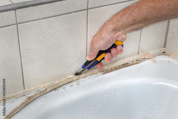 Fototapeta Closeup of plumber hand removing old dirty silicone from bathtube in a washroom, cutting of silicone glue using cutter, bathroom renovation