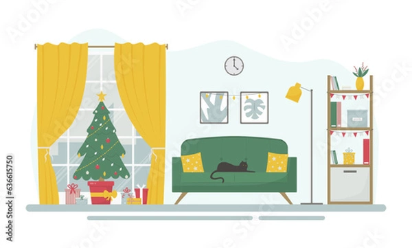 Fototapeta Modern living room decorated for Christmas with Christmas tree, gifts and lights. Vector illustration in flat style.