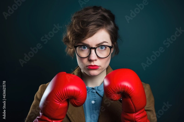 Fototapeta Fragile weak looking woman, nerd with glasses, wearing boxing gloves, serious but afraid expression. Generative AI
