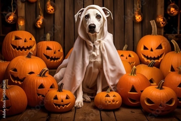 Fototapeta Dog wearing a ghost costume sitting between pumpkins for Halloween in Autumn background. Generative AI