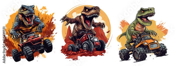 Fototapeta T-Rex Riding on a Truck, Cartoon dinosaur characters driving. High quality