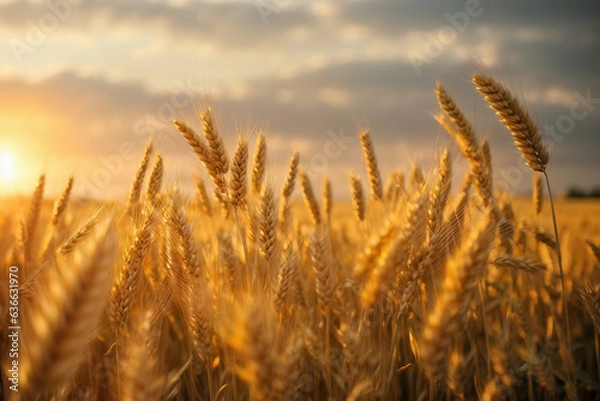 Fototapeta Wheat field. Ears of golden wheat close up. Beautiful Nature Sunset Landscape. Rural Scenery under Shining Sunlight. 