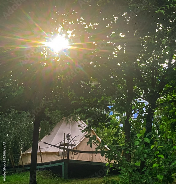 Fototapeta View from a campsite where you can see a glamping