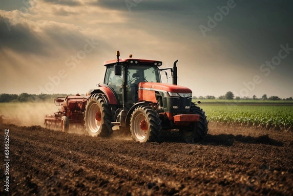 Fototapeta tractor preparing land with seedbed cultivator as part of pre seeding activities in early spring season of agricultural works at farmlands.