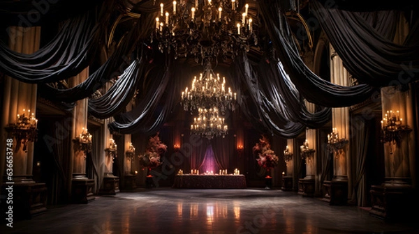 Fototapeta Step into a world of haunted elegance with this awe-inspiring image. A grand ballroom adorned with Gothic décor hosts a masquerade ball, where guests don elaborate costumes that pay homage to classic