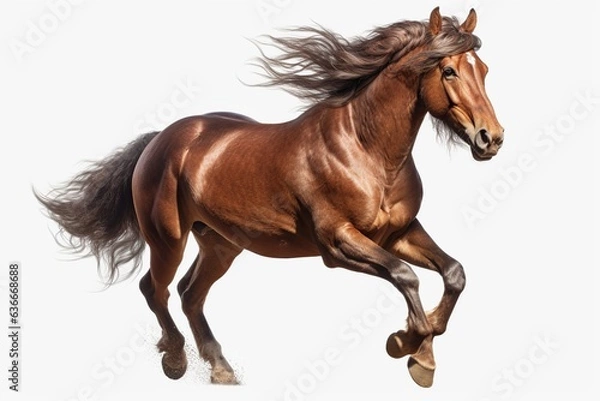 Fototapeta hyper realistic brown horse galloping on white background, Generative AI