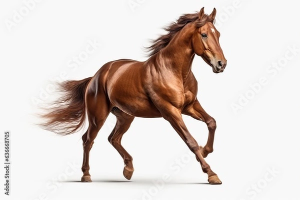 Obraz hyper realistic brown horse galloping on white background, Generative AI
