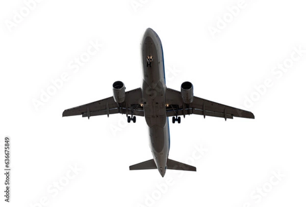 Fototapeta Airplane flying isolated on isolated on white transparent background, under view, PNG. 